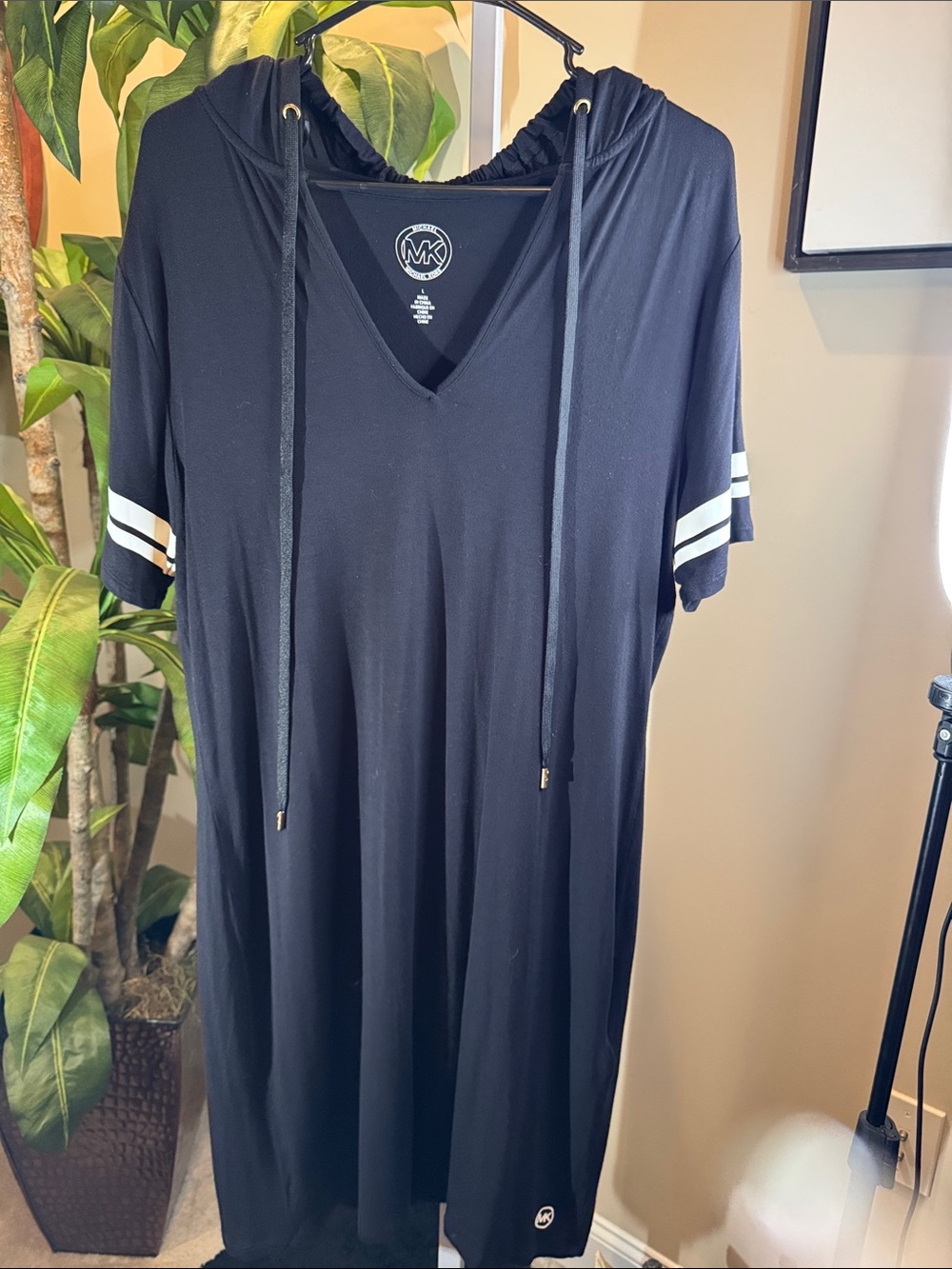 Michael Kors Black Hooded V-Neck Shirt Dress with White Sleeve Stripes size L